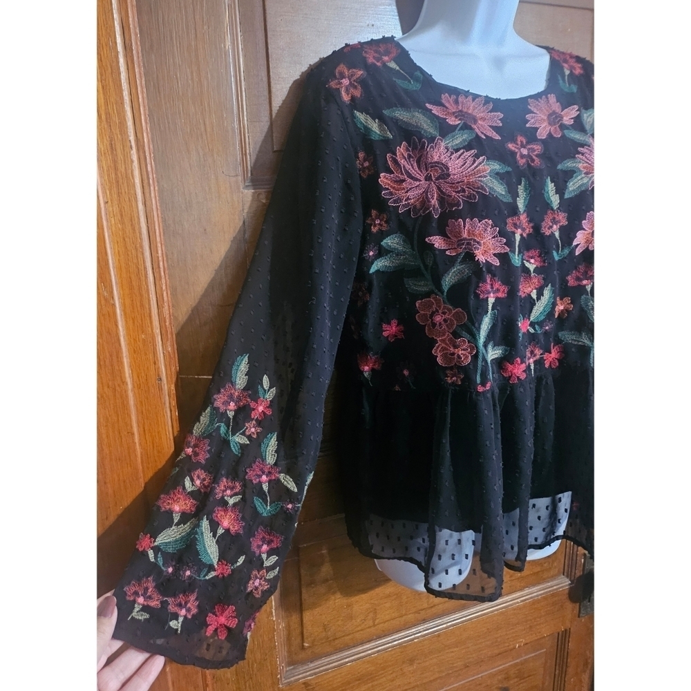 American Eagle Outfitters Black Swiss Dot Floral Embroidered Peplum Top - Picture 6 of 15